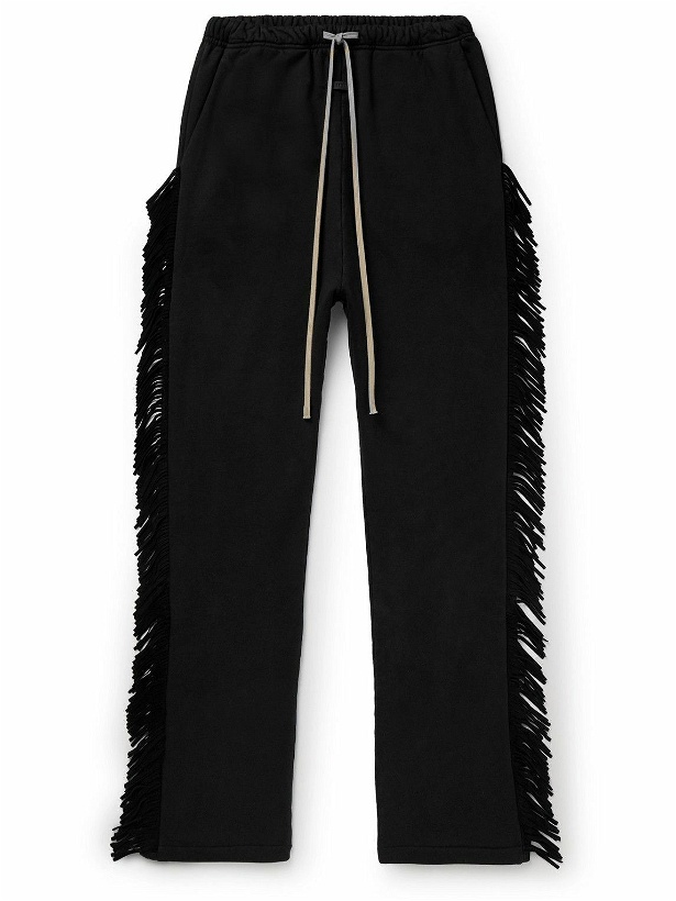 Photo: Fear of God - Straight-Leg Fringed Suede-Trimmed Cotton-Jersey Sweatpants - Black