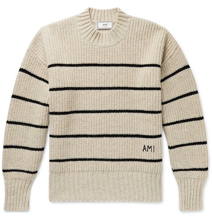 Photo: AMI - Oversized Logo-Embroidered Striped Virgin Wool Sweater - Neutrals