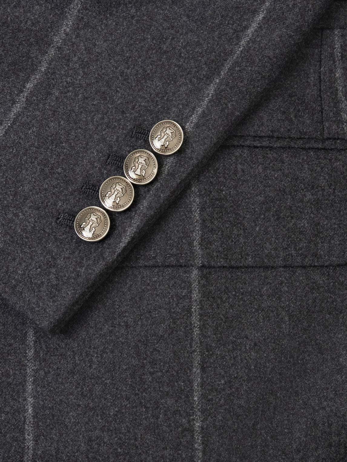 Brunello Cucinelli - Double-Breasted Pinstriped Wool, Cashmere and Silk-Blend Flannel Suit Jacket - Gray