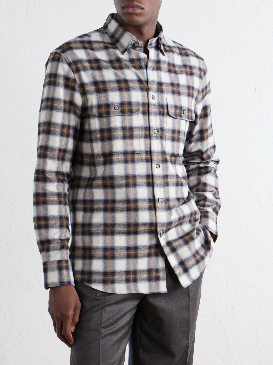 Brioni - Checked Cotton-Flannel Shirt - White