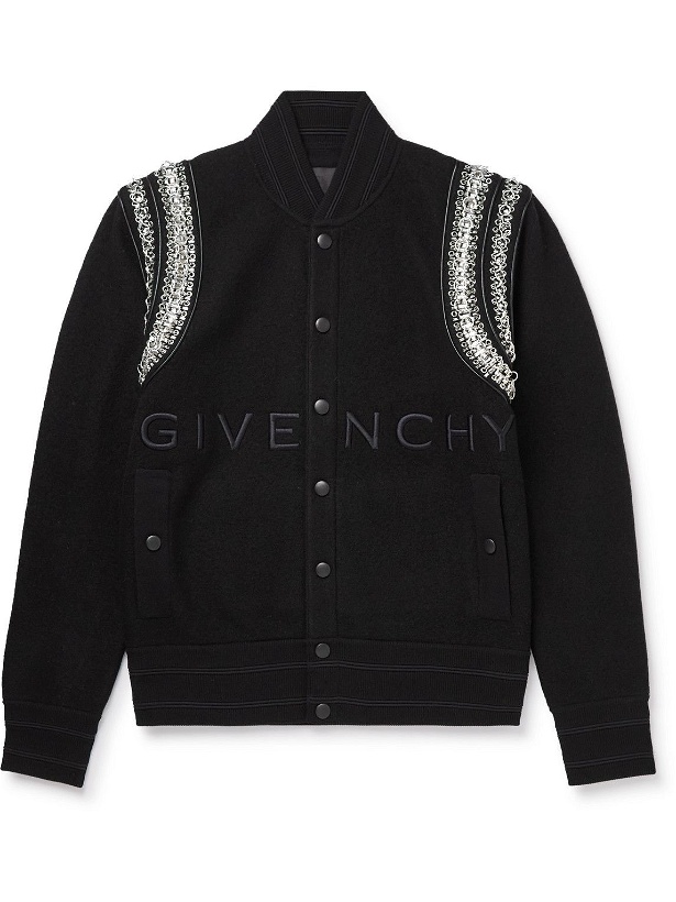 Photo: Givenchy - Chain-Embellished Logo-Embroidered Wool Bomber Jacket - Black