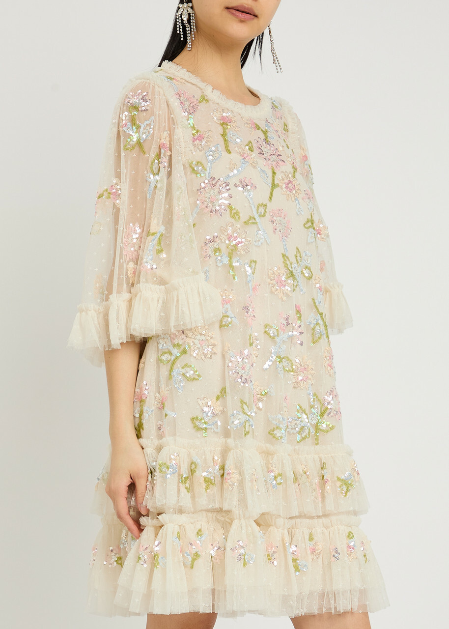 Needle & Thread Gloss Floral-embellished Tulle Mini Dress Cream Needle &  Thread