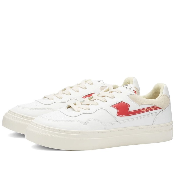 Photo: Stepney Workers Club Men's Pearl S-Strike Leather Sneakers in White/Red