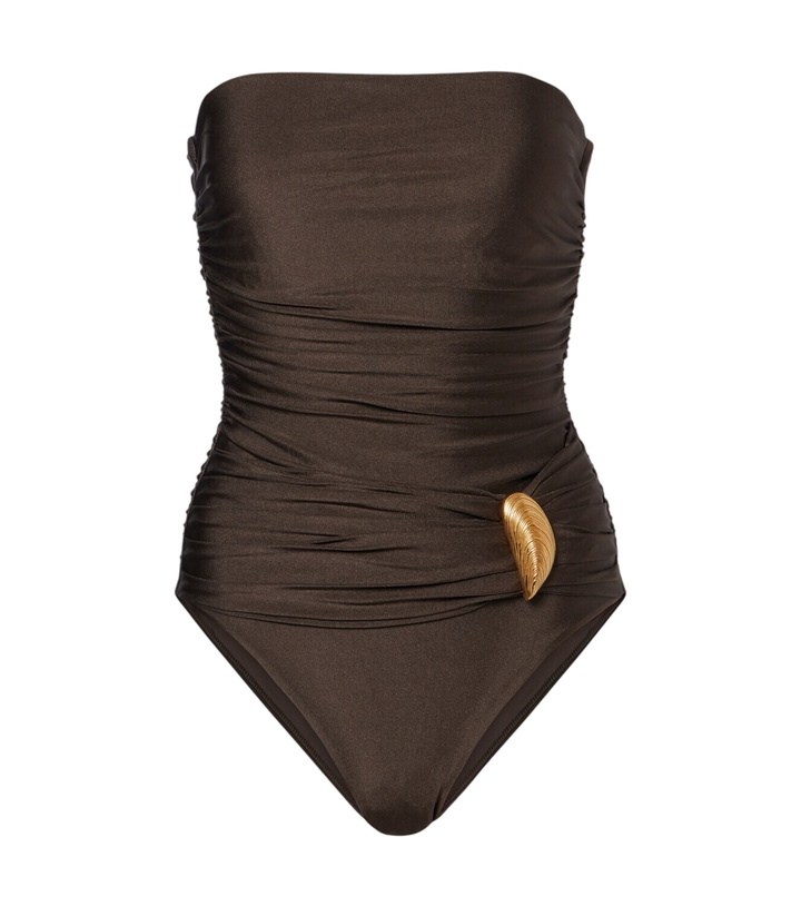 Photo: Simkhai Lorena appliqué ruched swimsuit