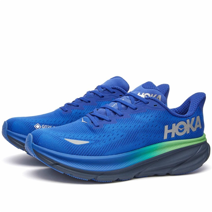 Photo: Hoka One One Men's Clifton 9 GTX Sneakers in Dazzling Blue/Evening Sky