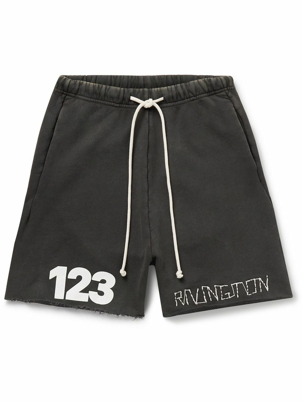 Photo: RRR123 - Gymbag Frayed Logo-Print Embroidered Cotton-Jersey Shorts - Black