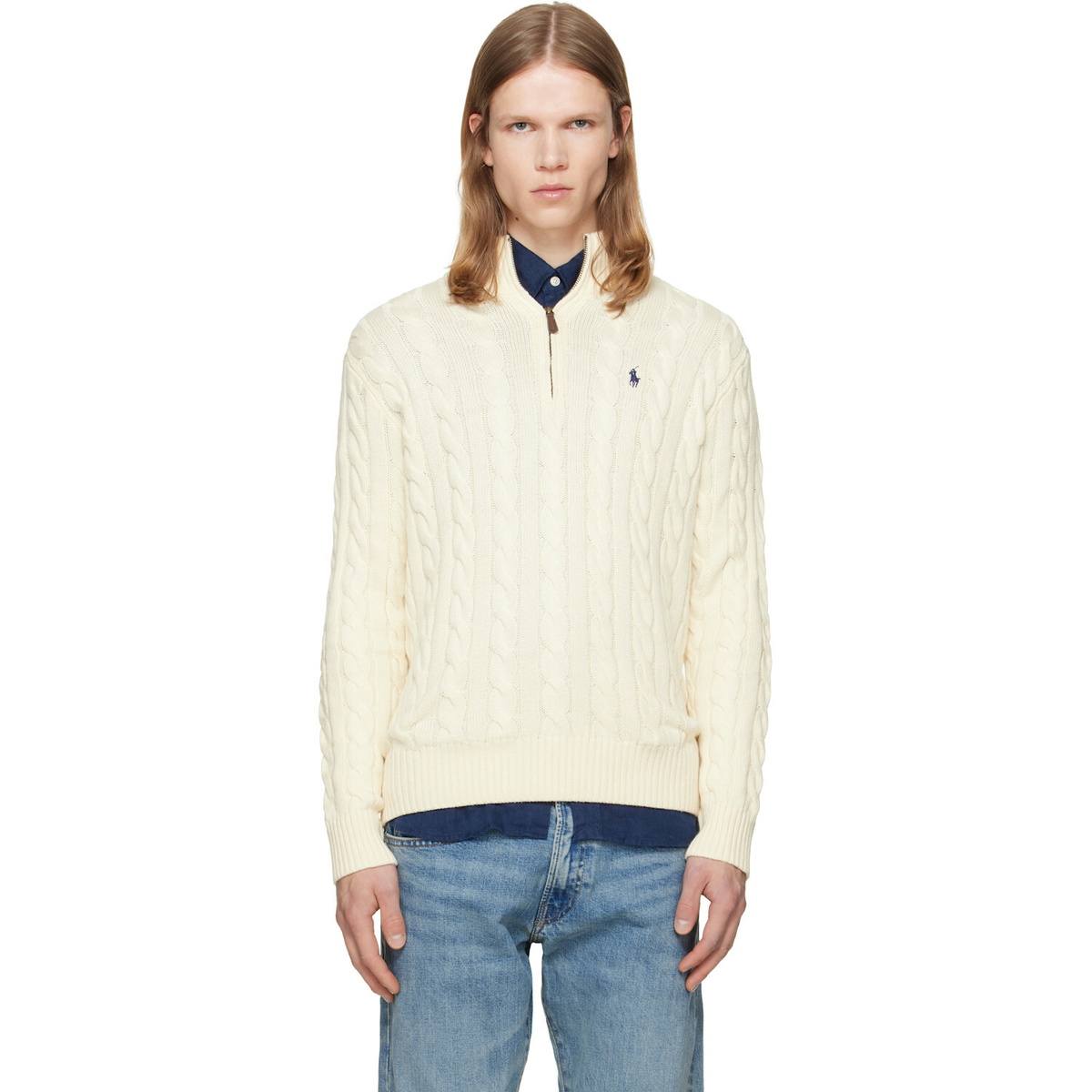 Polo Ralph Lauren Off-White Cable-Knit Cotton Quarter-Zip Sweater