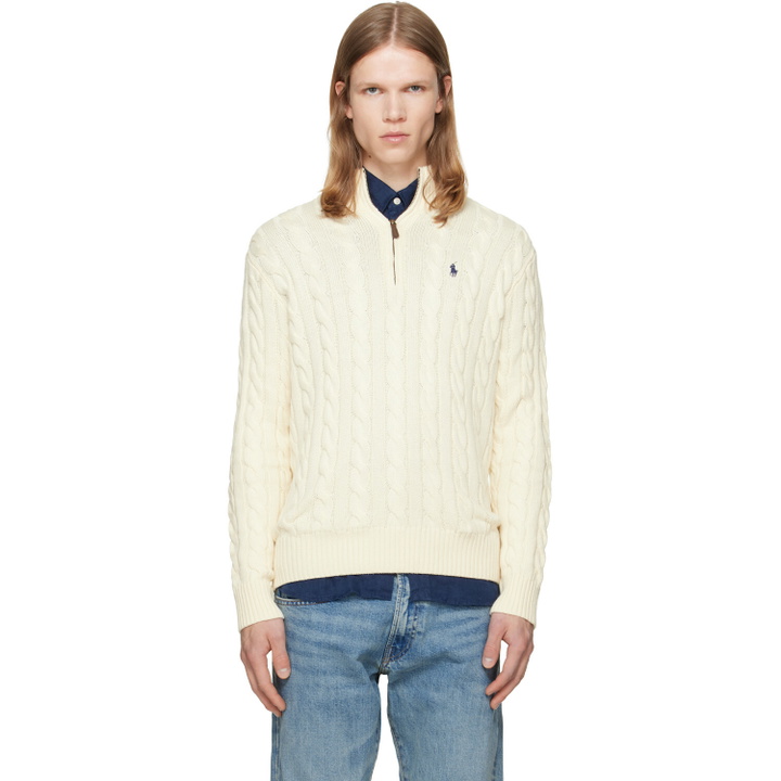 Photo: Polo Ralph Lauren Off-White Cable-Knit Cotton Quarter-Zip Sweater