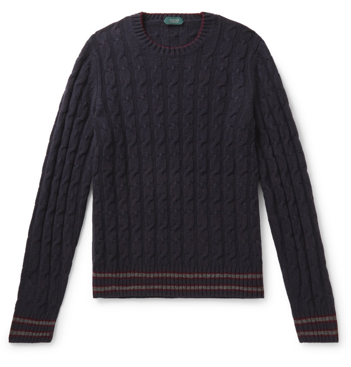 Photo: Incotex - Stripe-Trimmed Cable-Knit Virgin Wool Sweater - Blue