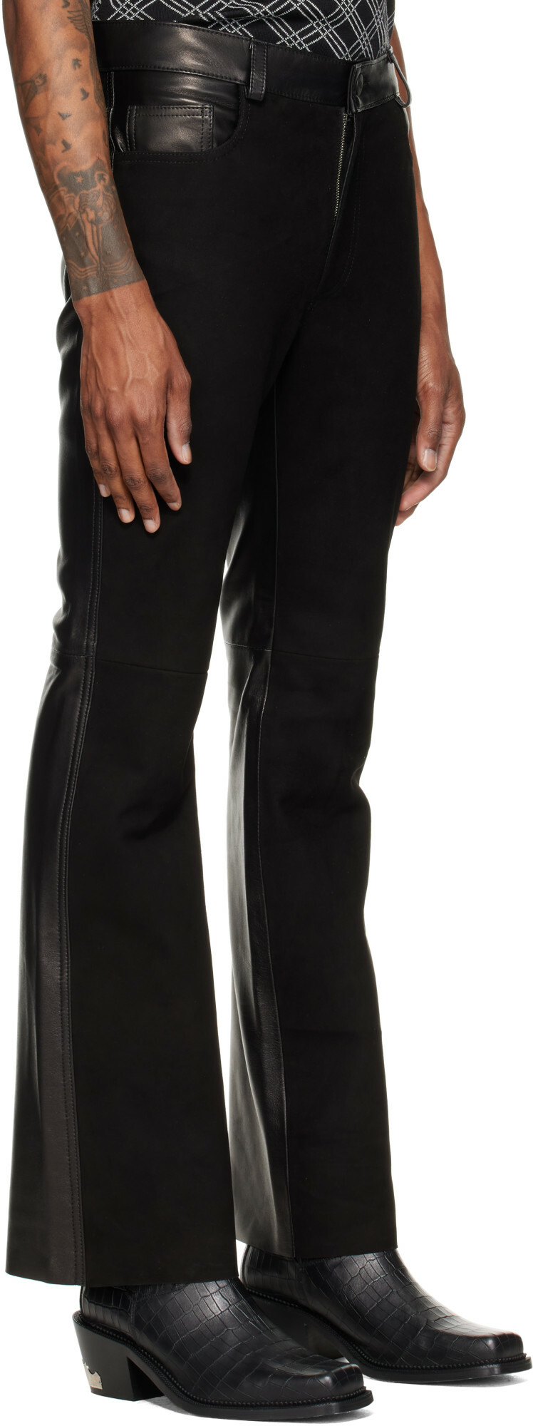 Ernest W. Baker Black Five Pocket Leather & Suede Trousers