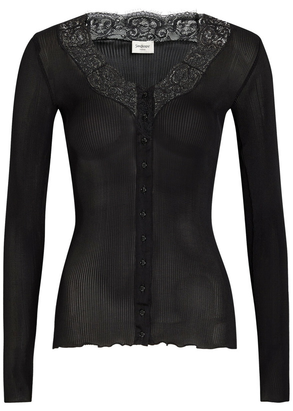 Photo: Saint Laurent Lace-trim Ribbed Silk Cardigan Black