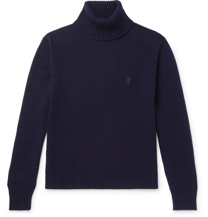 Photo: AMI PARIS - Logo-Embroidered Cashmere Rollneck Sweater - Blue