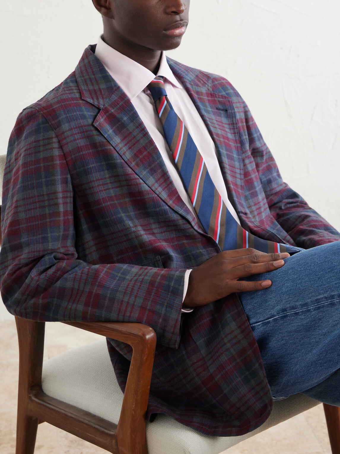 Drake's - Madras Games Checked Linen-Blend Blazer - Blue
