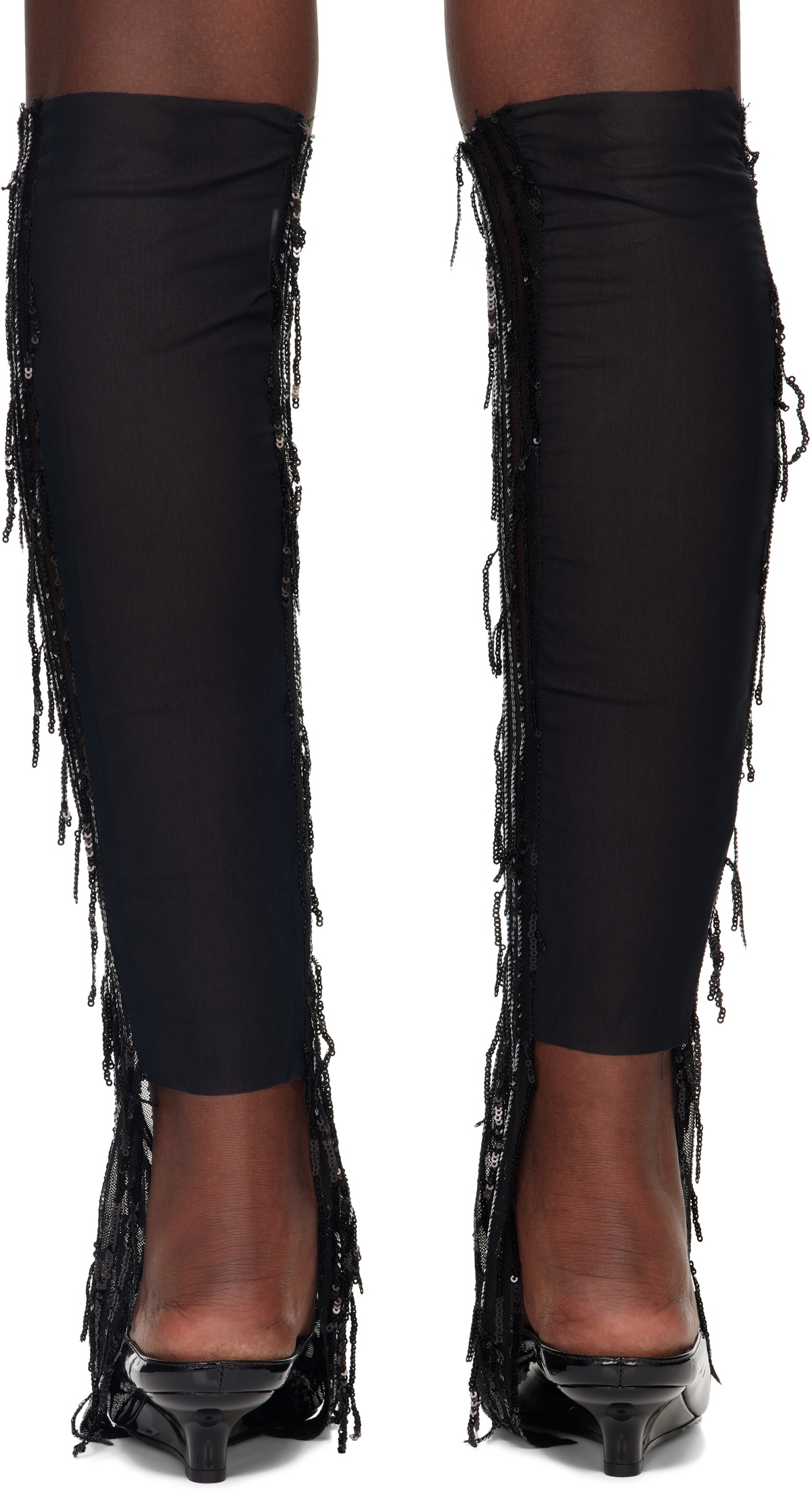 Edward Cuming Black Swinging Sequin Mesh Dripping Leg Warmers