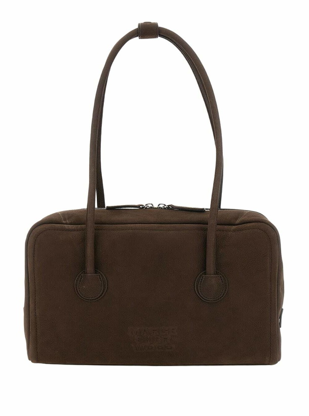 Photo: Marge Sherwood boston Brown Shoulder Bag With Embossed Logo Lettering On The Front In Leather Woman