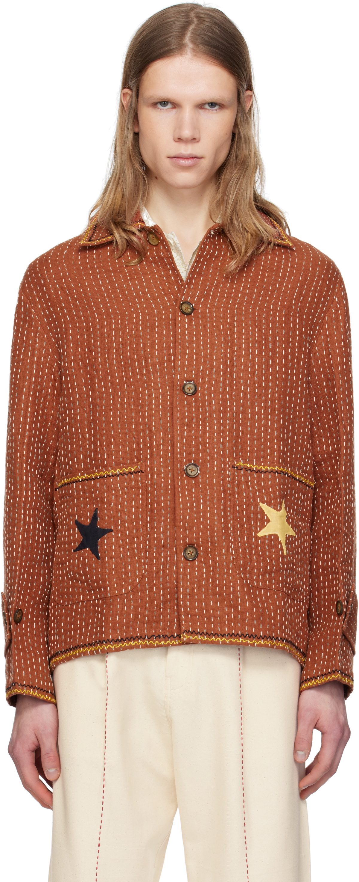 HARAGO Brown Kantha Applique Jacket