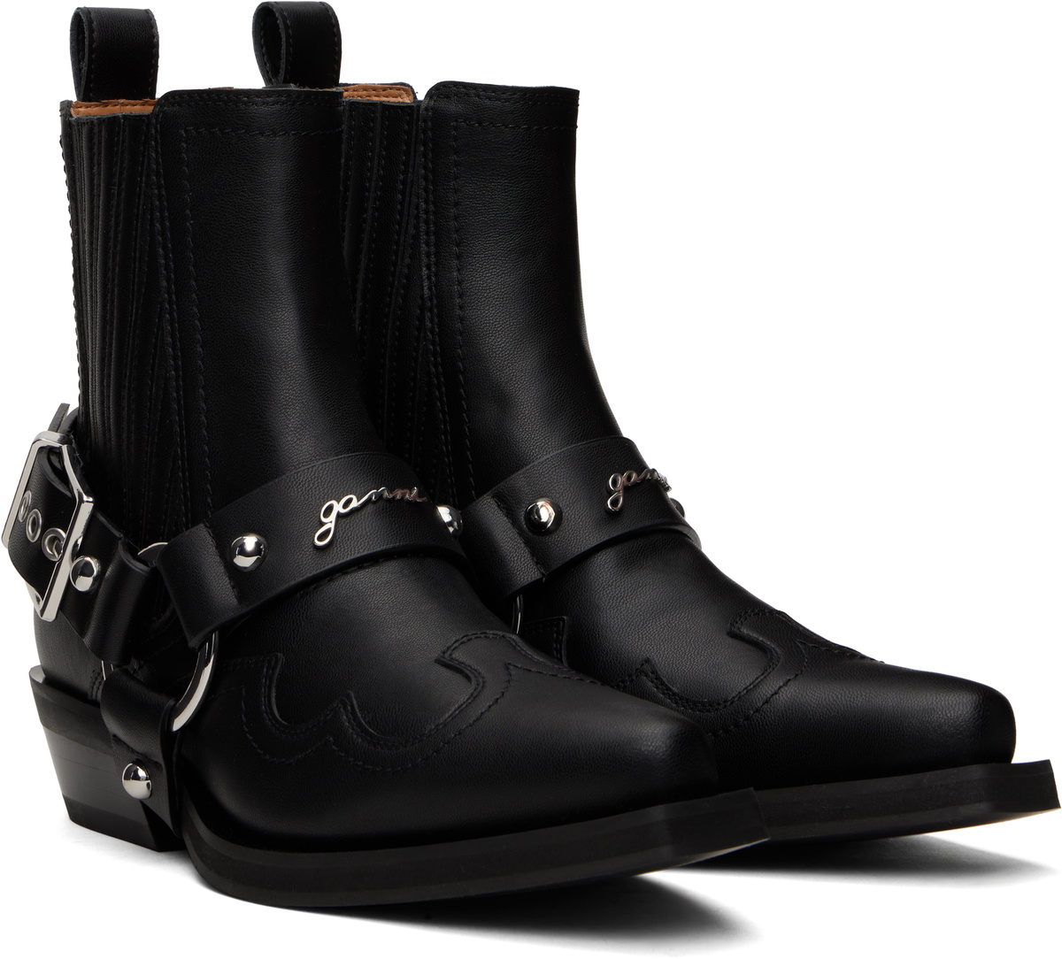 【関税込み】Chelsea Western Boots - Ganni - Synthetic Leathe GANNI Black Low Cut Western Chelsea Boots GANNI