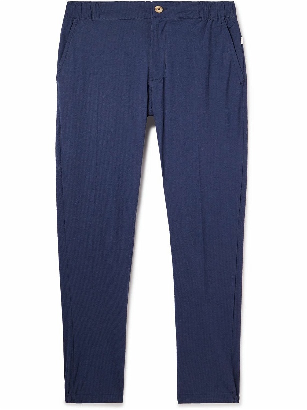 Photo: Onia - Tapered Stretch-Cotton Seersucker Trousers - Blue