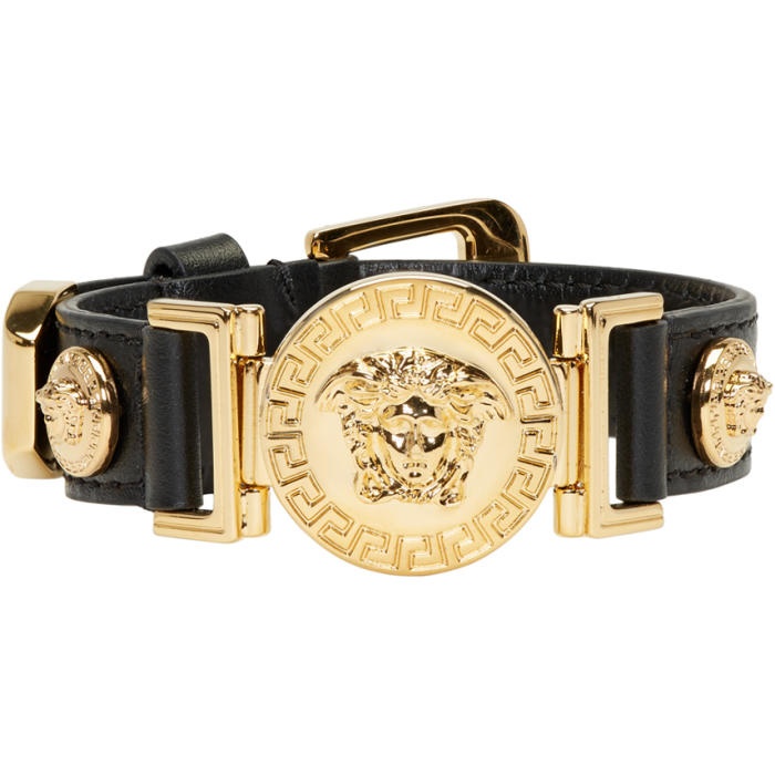 Photo: Versace Black and Gold Leather Medusa Bracelet