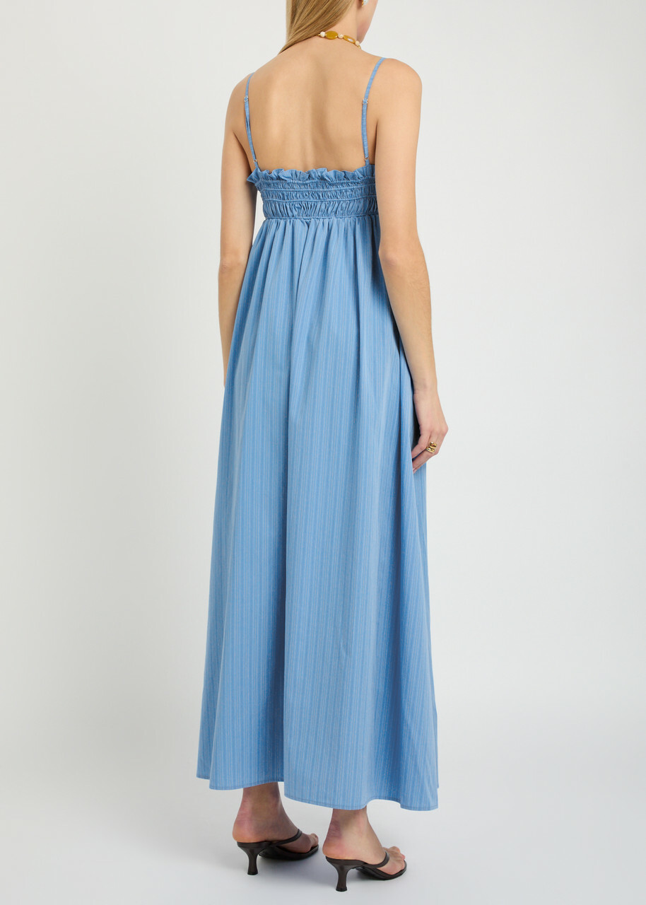 Faithfull The Brand Presa Pinstriped Cotton Maxi Dress Blue