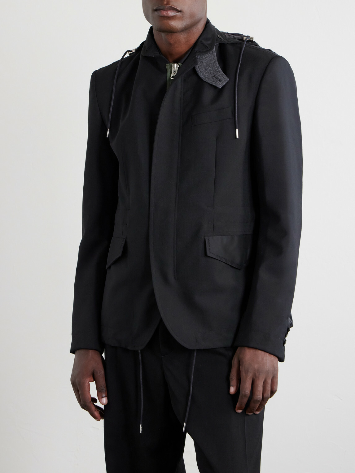 Sacai - Grain De Poudre and Shell Hooded Blazer - Black