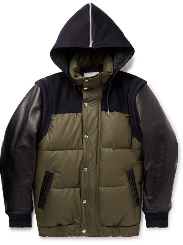 Photo: Sacai - Quilted Ripstop, Leather, Felt and Ribbed-Knit Hooded Down Jacket - Green