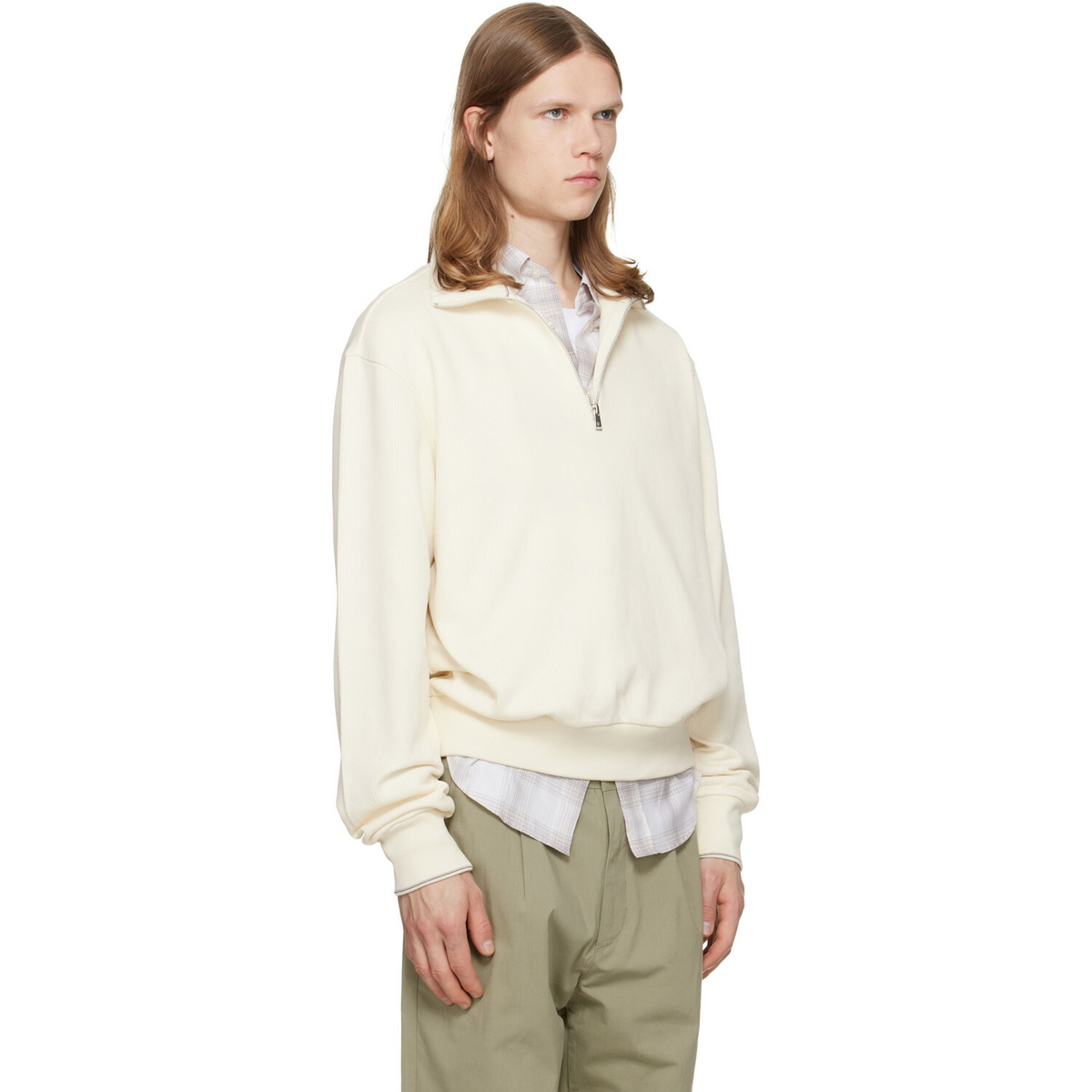 BOSS Off-White Zipper Neck Structured Cotton Sweatshirt