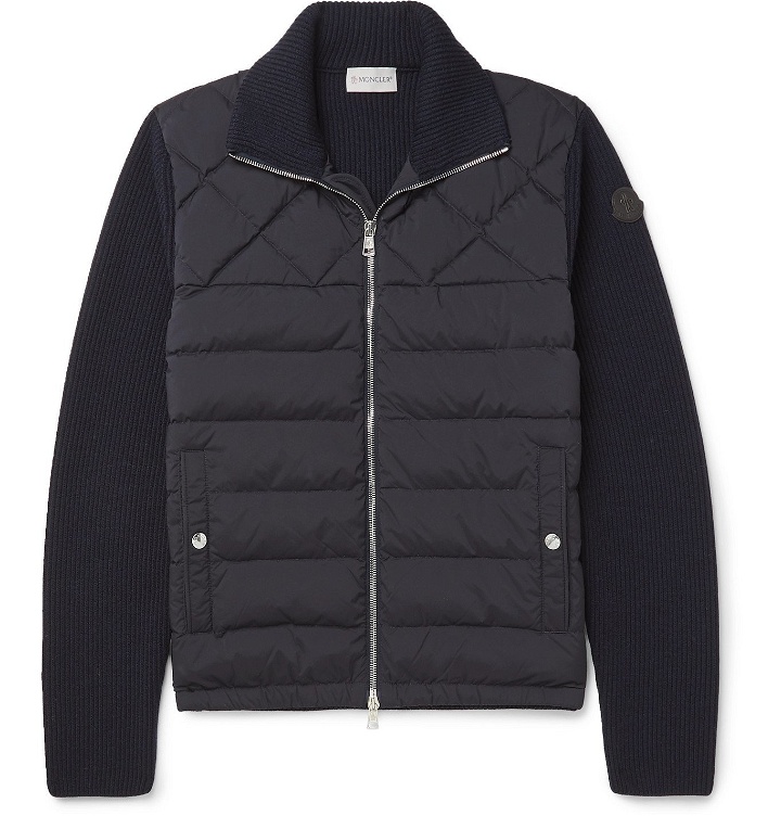 Photo: Moncler - Panelled Wool-Blend and Quilted Shell Down Bomber Jacket - Blue