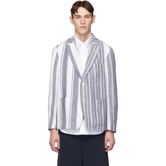Photo: Thom Browne Navy and White Unconstructed Patch Pocket Blazer