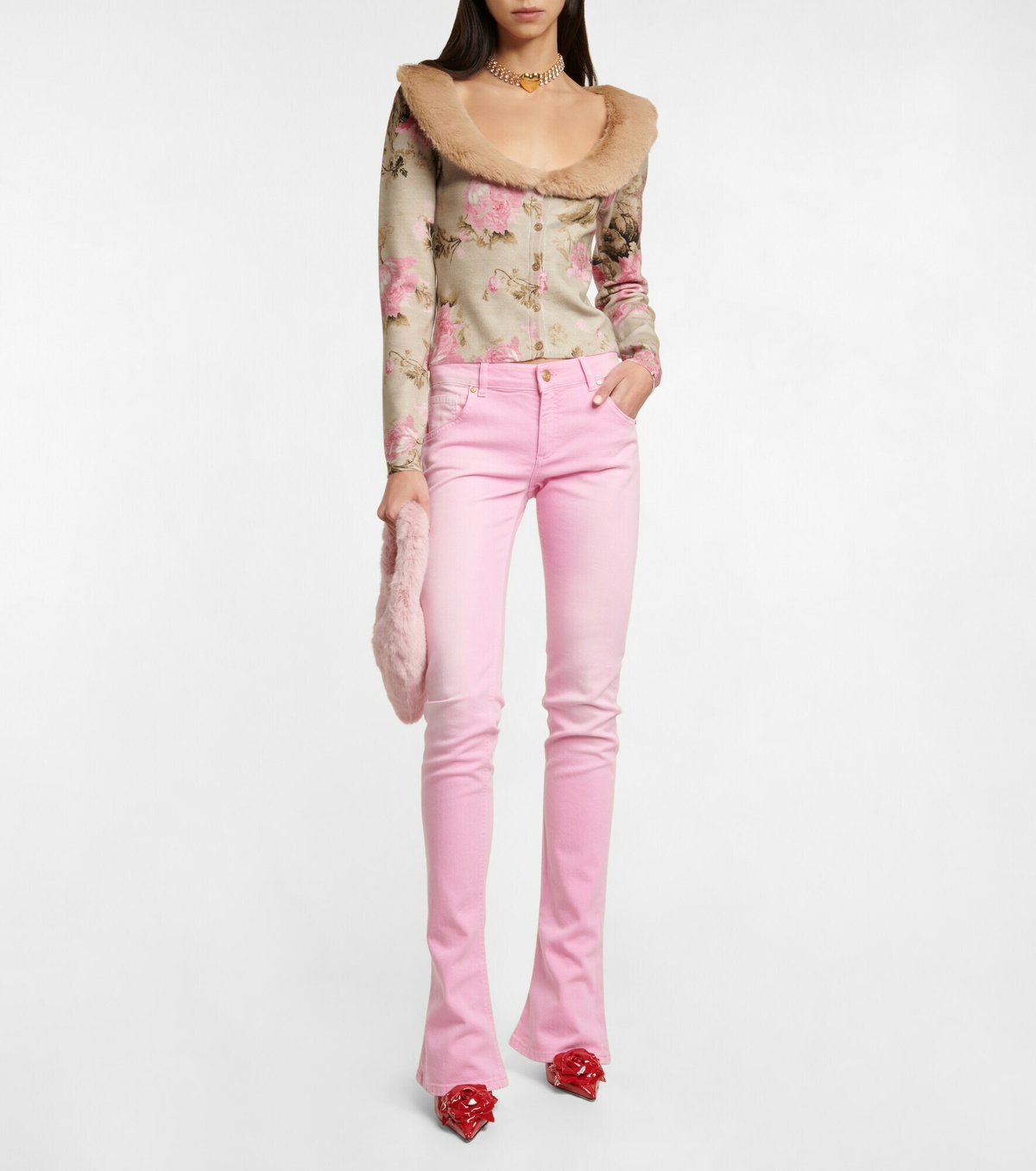 Blumarine - Faux fur-trimmed floral cardigan Blumarine
