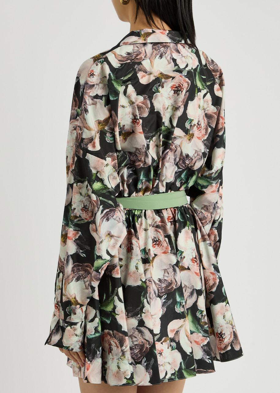 Norma Kamali Belted Floral-print Shell Mini Dress Pink