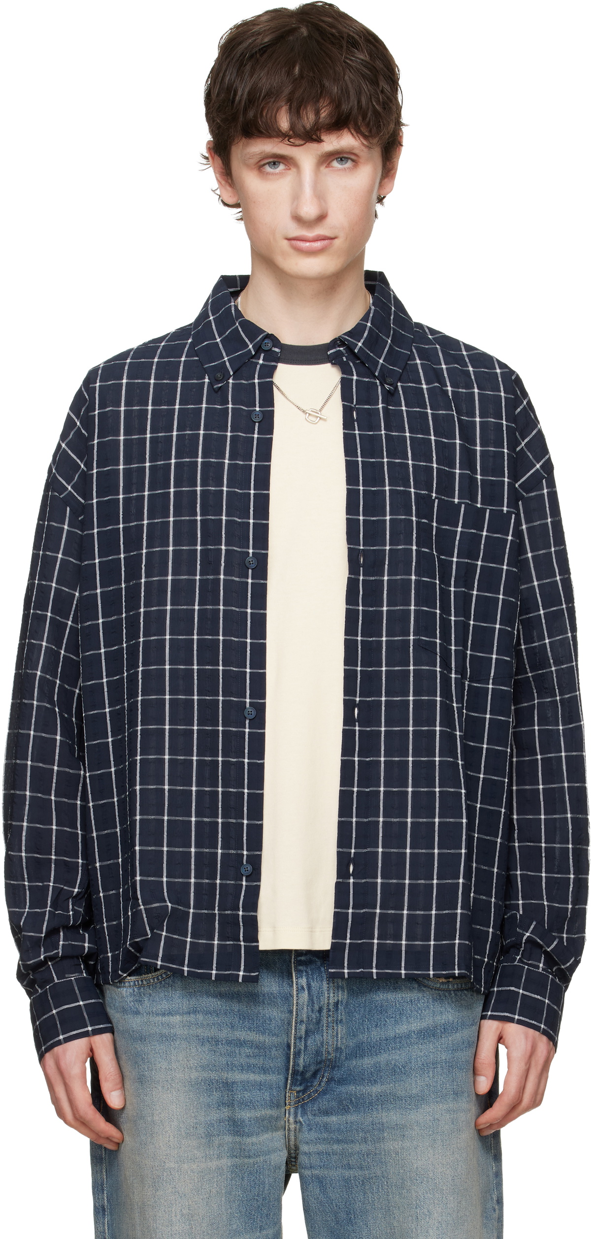 Won Hundred Navy Maza Check Shirt