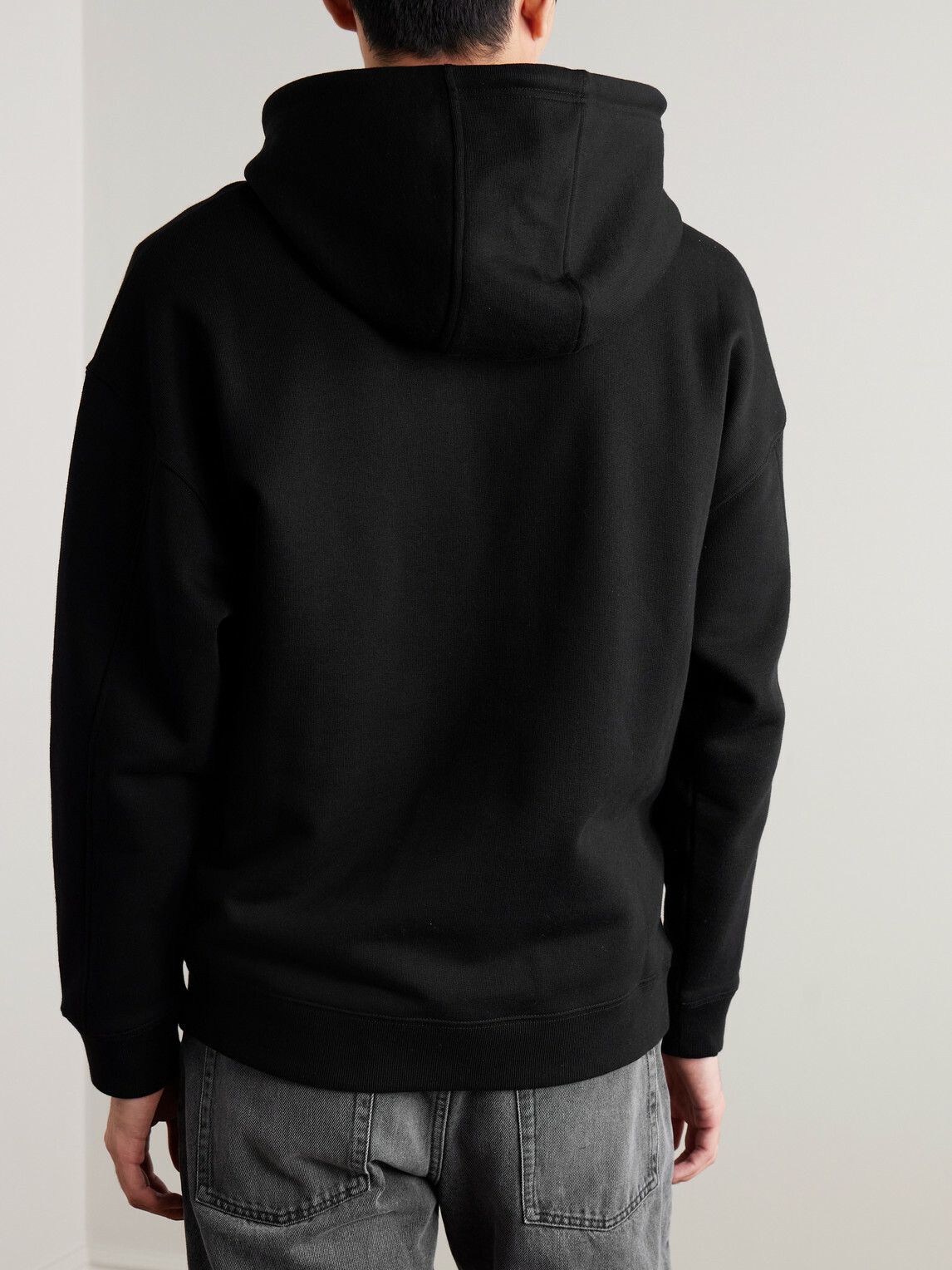 LOEWE - Logo-Embroidered Leather-Trimmed Cotton-Jersey Hoodie - Black