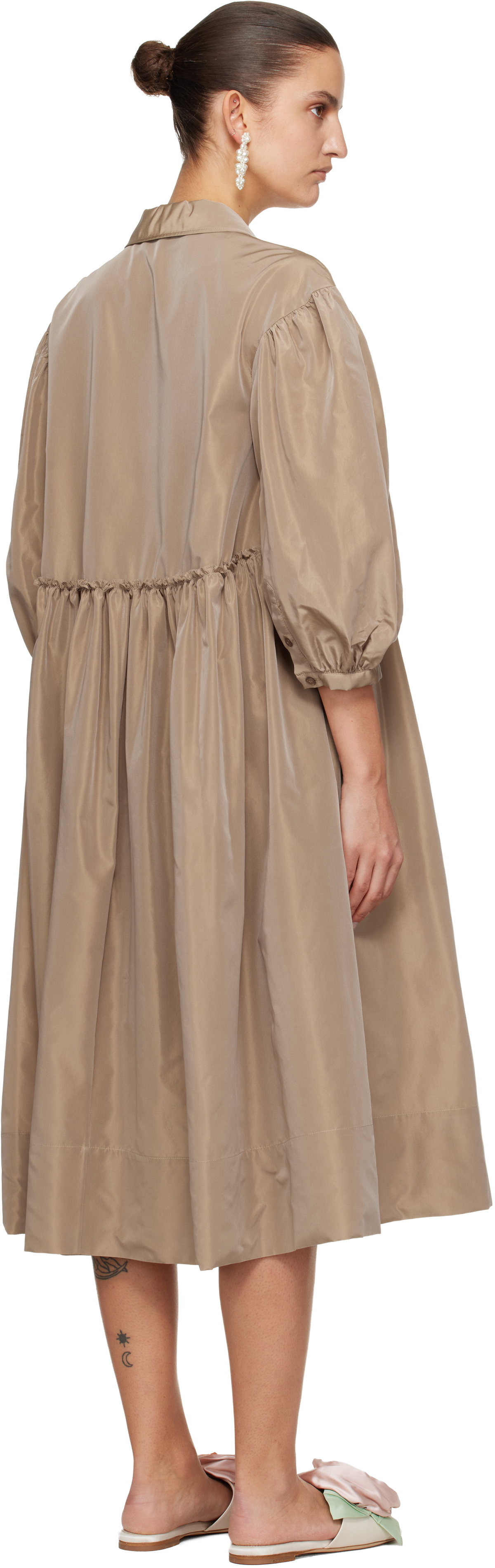 Simone Rocha Tan Embellished Signature Smock Shirt Midi Dress