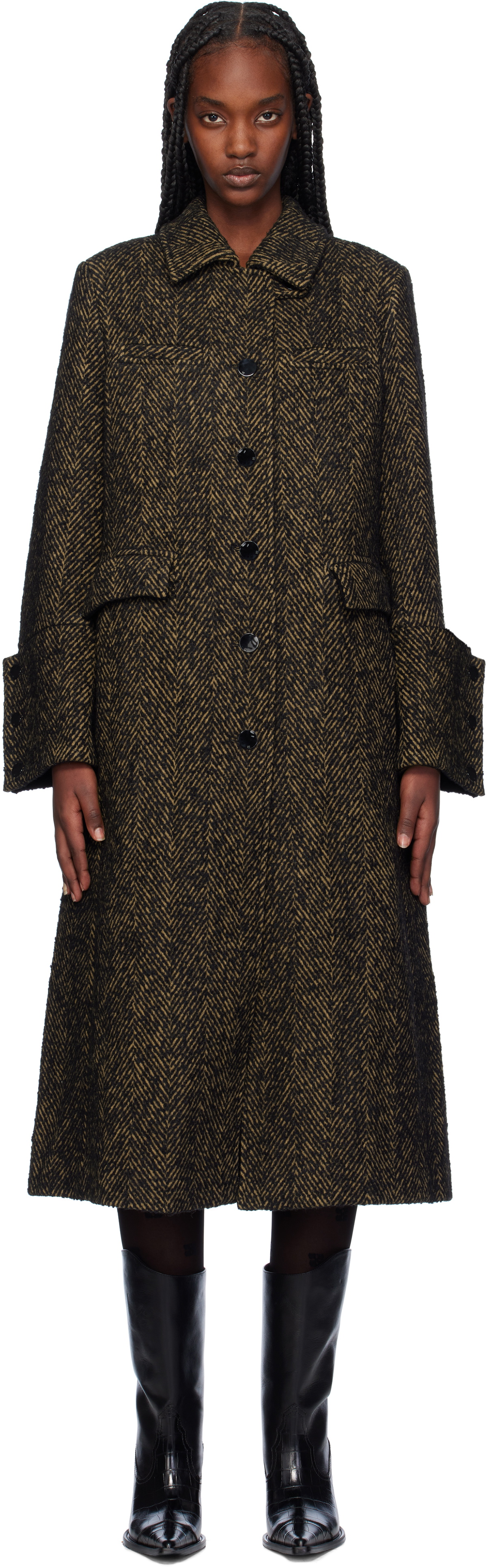 GANNI Brown Herringbone Wool Coat GANNI