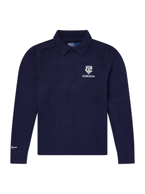Photo: Polo Ralph Lauren - Wimbledon Logo-Appliquéd Cotton Sweater - Blue