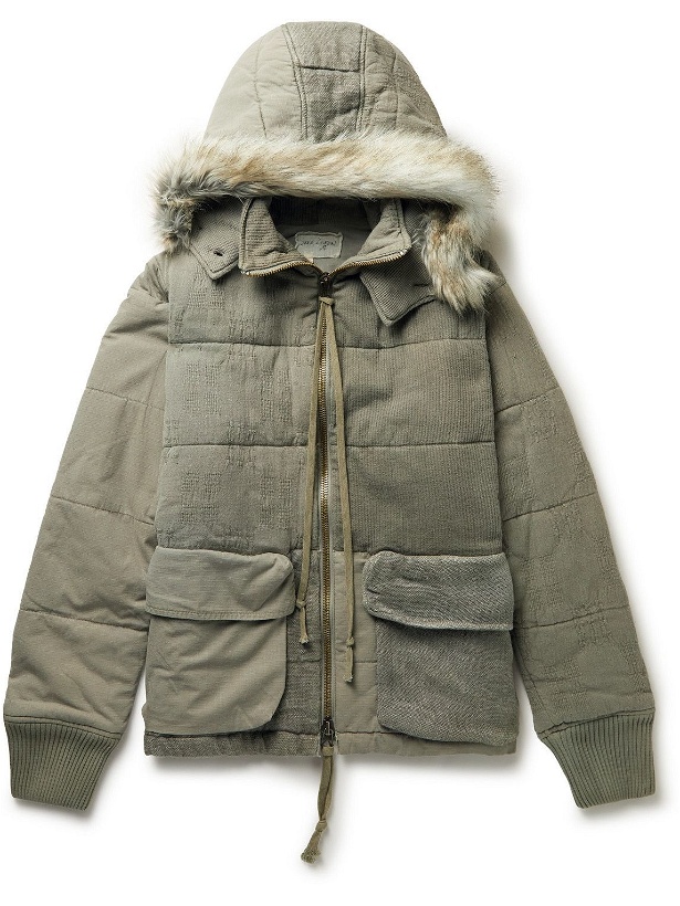 Photo: Greg Lauren - Faux Shearling-Trimmed Distressed Panelled Cotton Hooded Jacket - Green