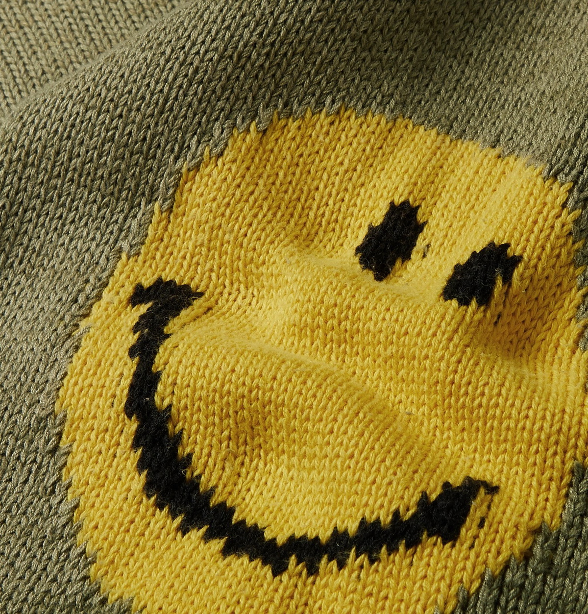 KAPITAL ニットセーター　スマイル　カーキ KAPITAL - Distressed Intarsia Cotton-Blend Sweater - Green KAPITAL