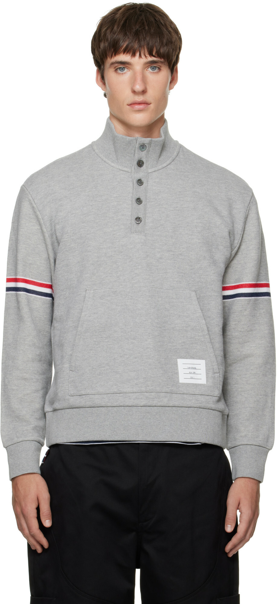 Thom Browne Gray Funnel Neck RWB Pique Loopback Sweatshirt