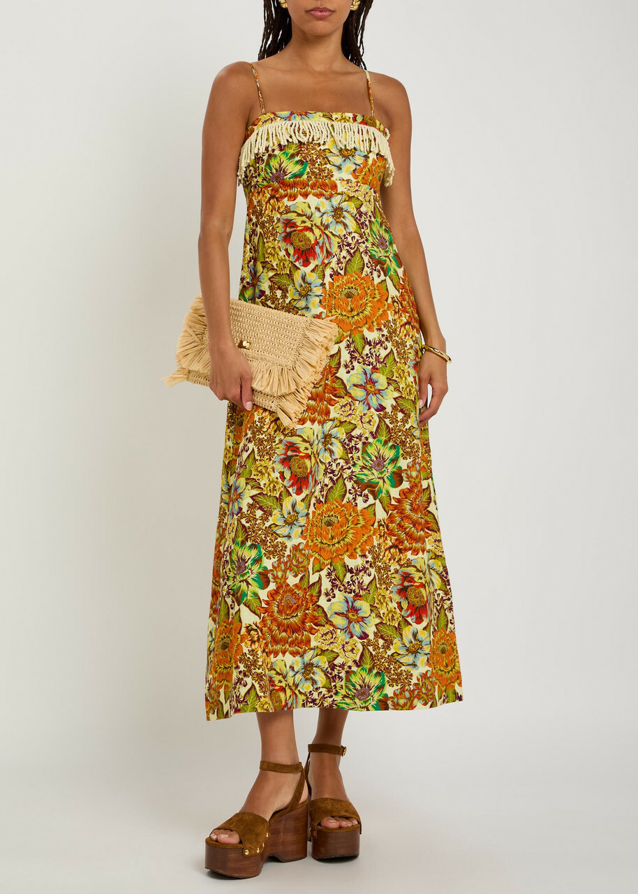 Alemais Lana Floral-print Fringed Linen Midi Dress Multicoloured