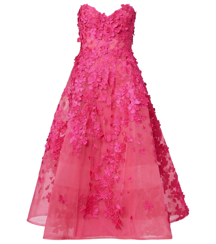 Photo: Monique Lhuillier Floral-appliqué tulle midi dress