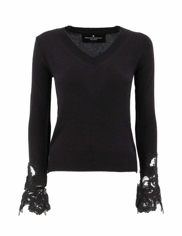 Photo: Ermanno Scervino Black Sweater With Lace On Cuffs
