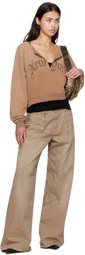 R13 Tan 'New York' Cropped Front Slit Sweatshirt