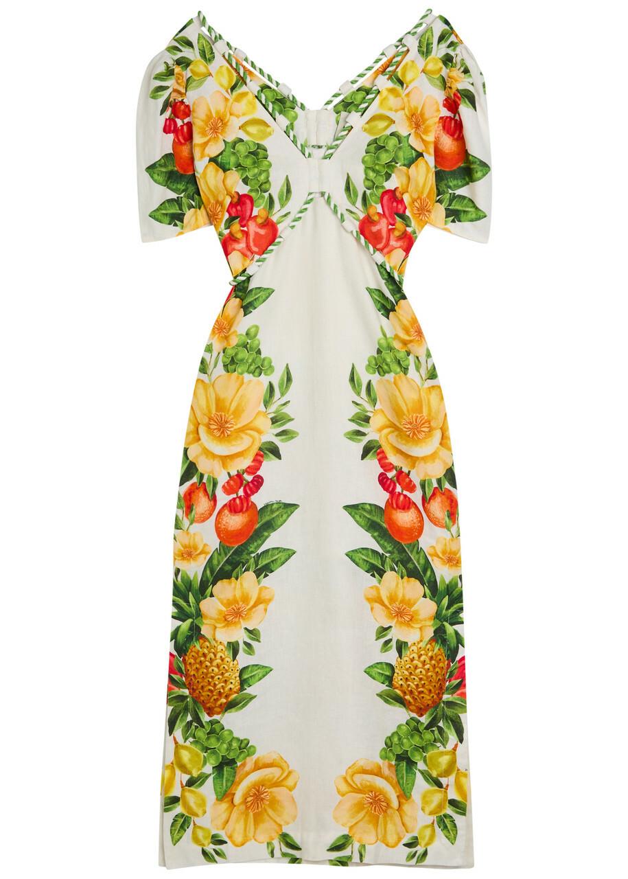 Farm Rio Picnic Flower Printed Linen Maxi Dress Yellow