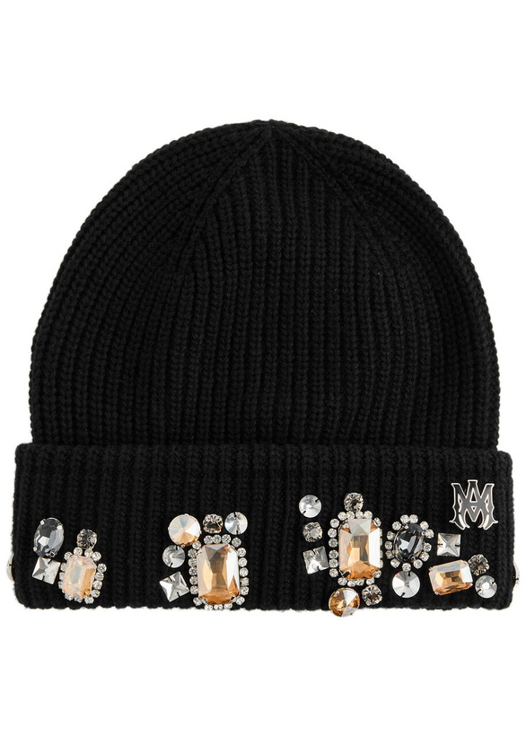 Photo: Amiri Crystal-embellished Ribbed-knit Beanie - Black - One Size