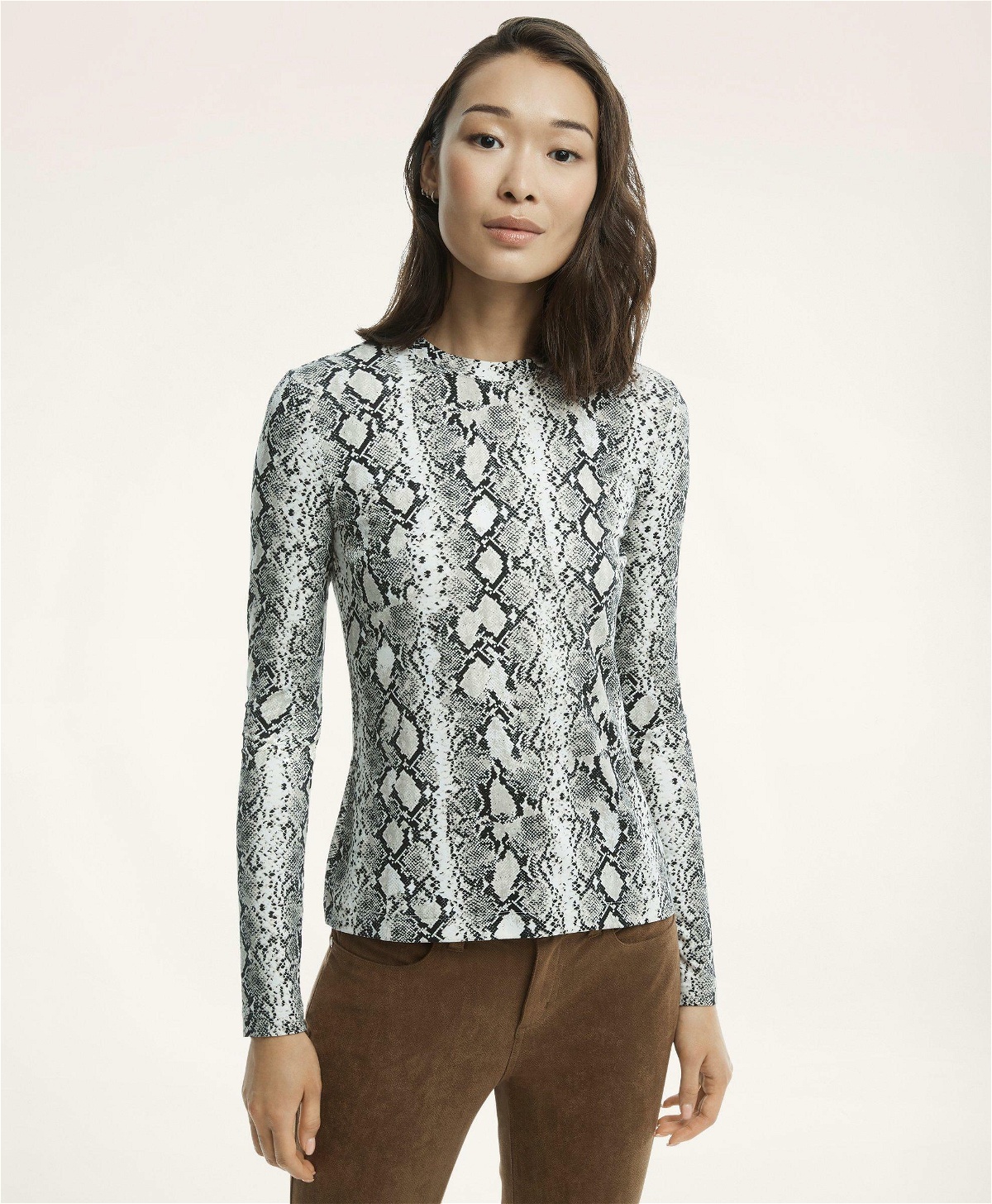 Photo: Brooks Brothers Women's Jersey Printed Long-Sleeve Snake Skin T-Shirt | Grey