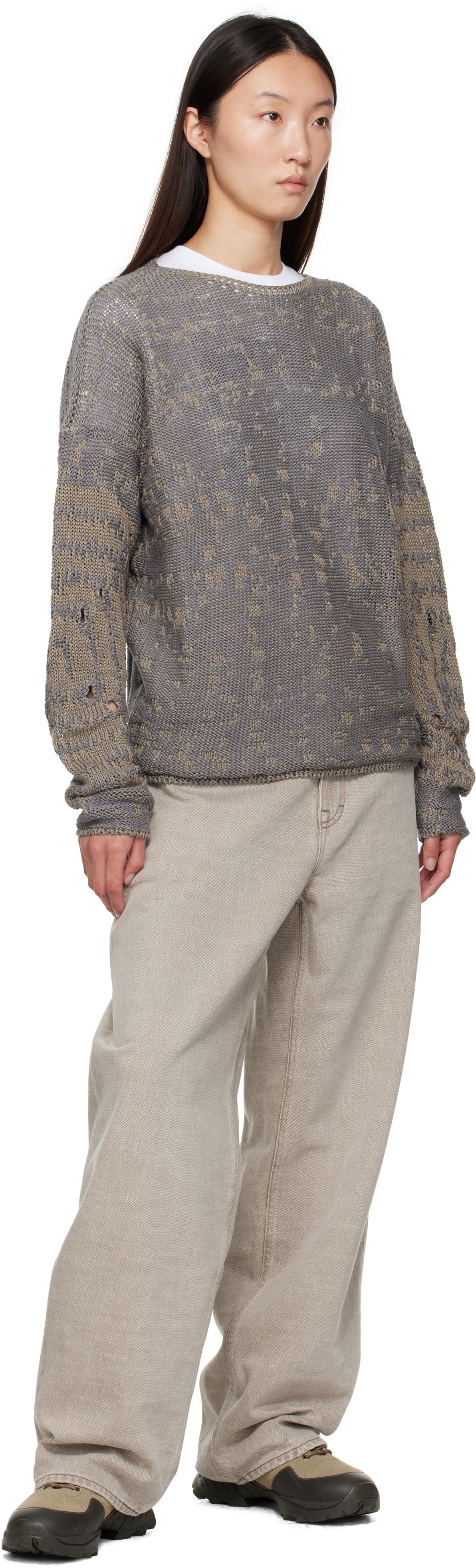 ROA Beige & Gray Vortex Crewneck Sweater