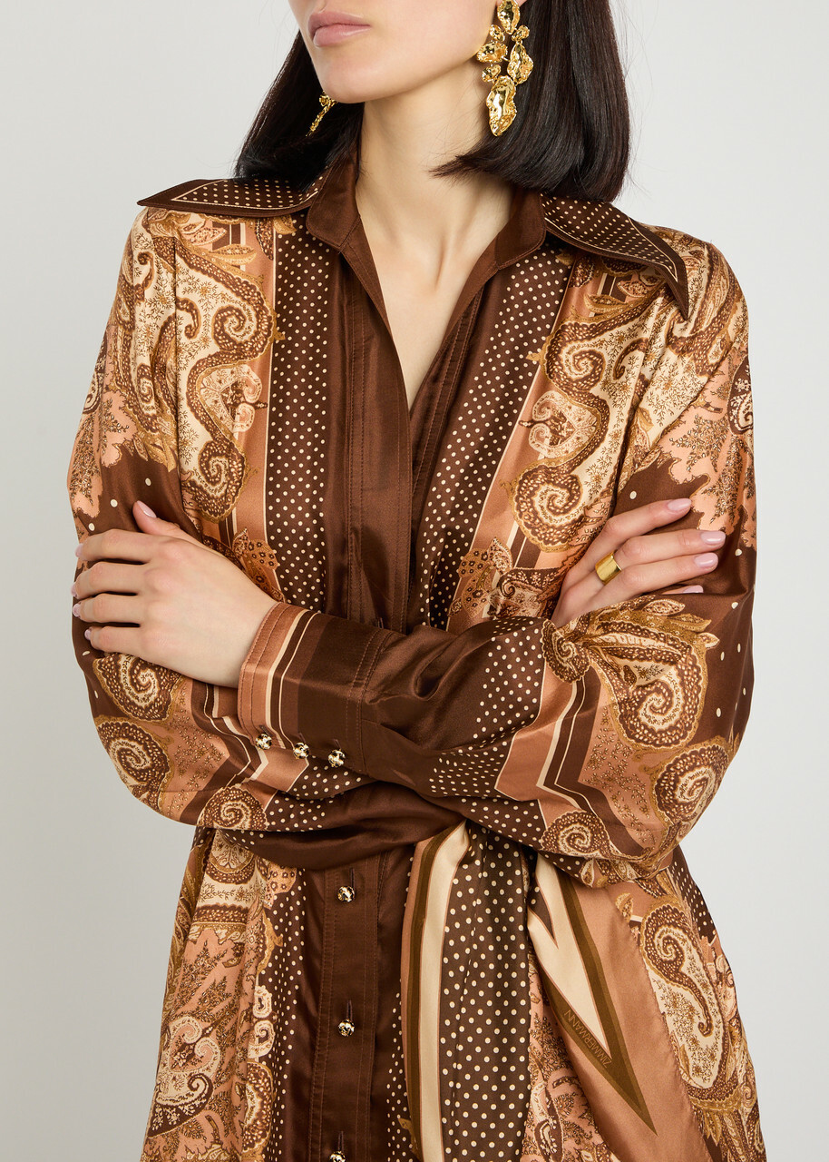 Zimmermann Luna Printed Belted Silk Midi Shirt Dress Brown