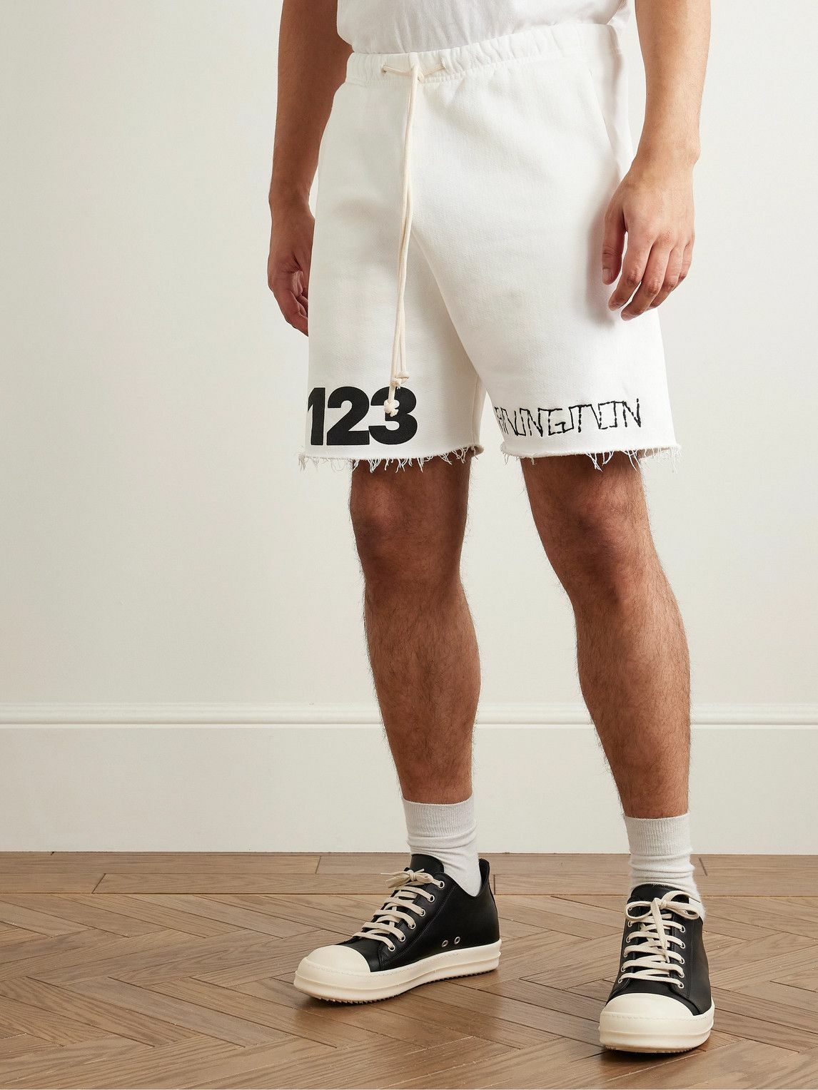 RRR123 - Gymbag Frayed Logo-Print Embroidered Cotton-Jersey Shorts - White