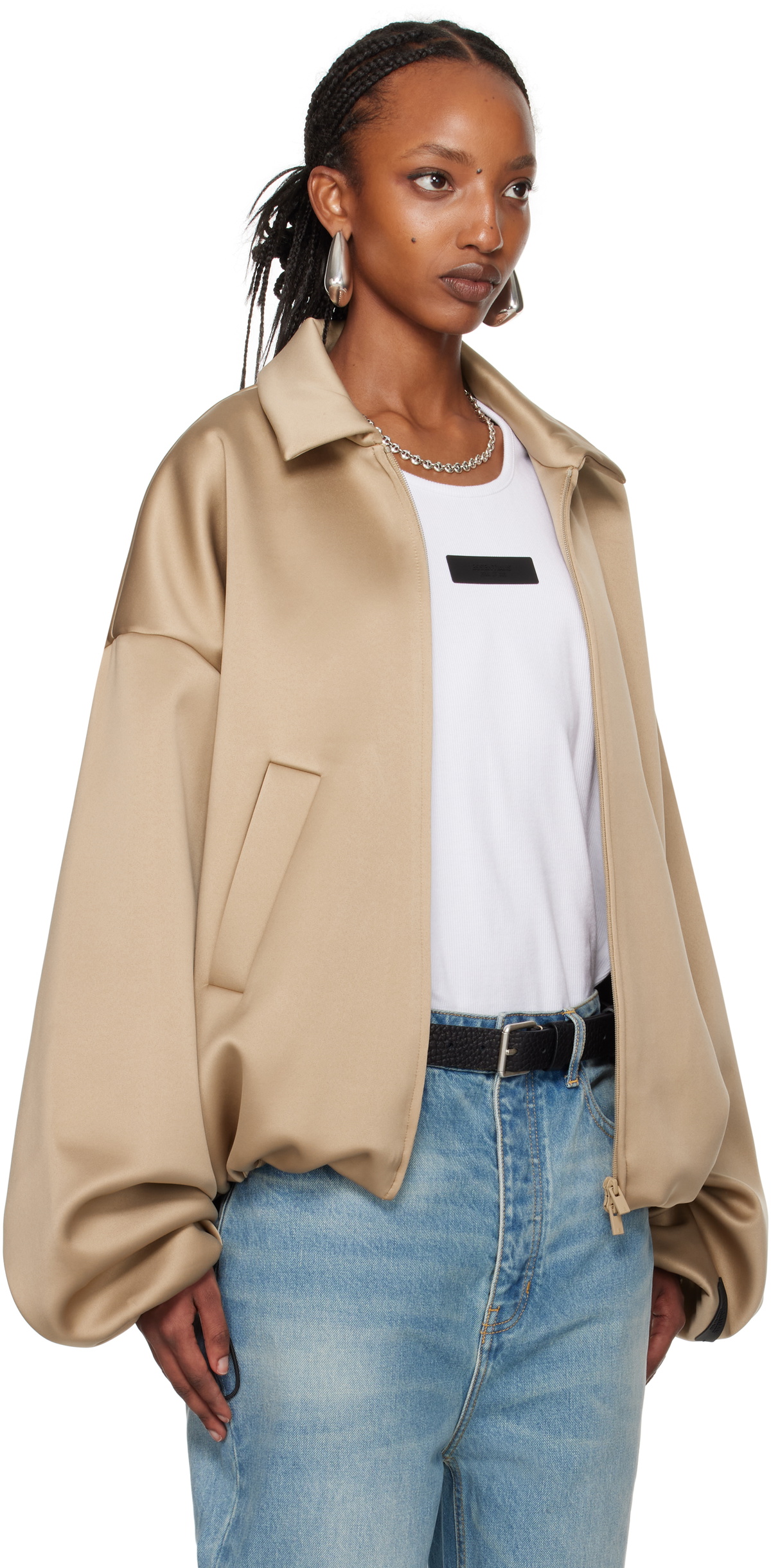 Fear of God ESSENTIALS Beige Satin Bomber Jacket